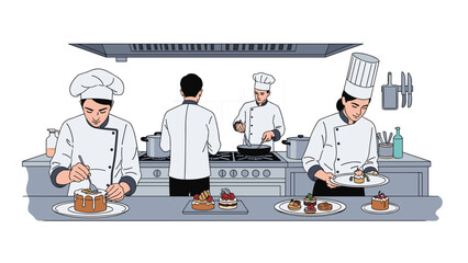 Diverse team of professional chefs working in a busy restaurant kitchen preparing gourmet meals and desserts for customers.