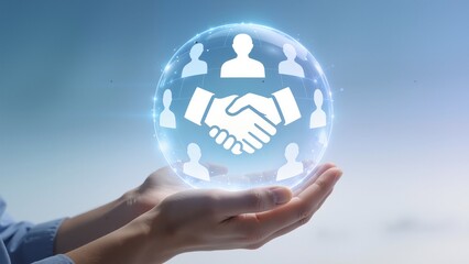 Hands holding glowing handshake icon