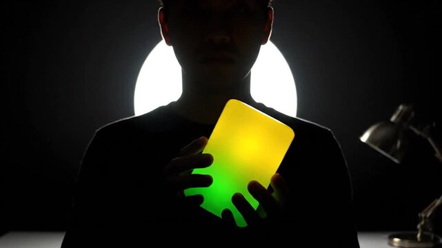 Silhouette of a person holding a glowing, rectangular object against a bright light