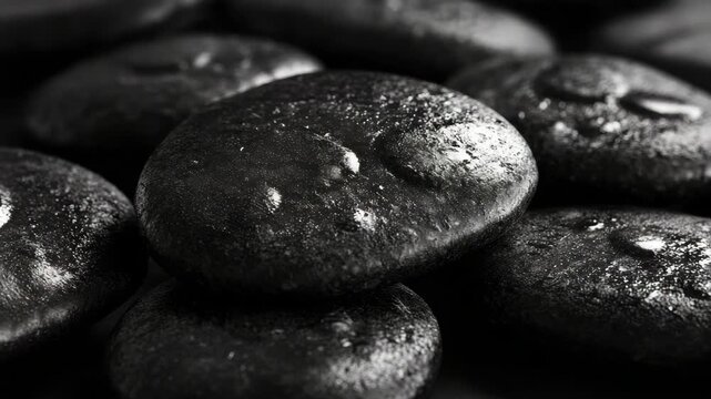 A collection of dark wet stones, possibly volcanic or obsidian, with small water droplets visible due to recent rain. The stone's surface is smooth and reflective.