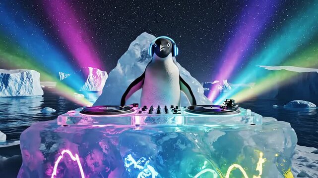 Penguin spinning records on ice dj setup in arctic landscape with colorful neon lights creating a fun and festive atmosphere.