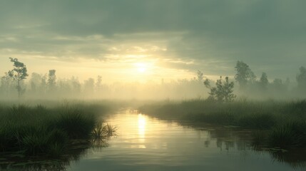Obraz premium Serene Misty Landscape at Sunrise Over Calm Water and Nature