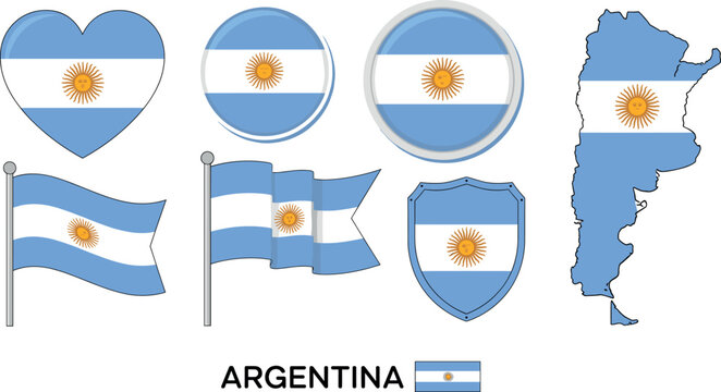 Argentina flag and map icon set with heart circle shield and waving flag symbols