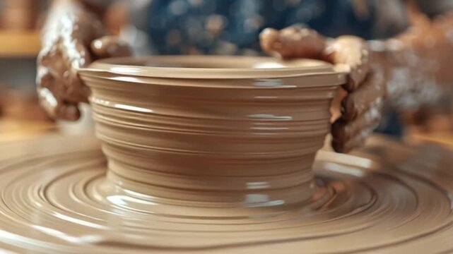 Close-up of a person's hands shaping a clay pot on a pottery wheel with a blurred background and earthy tones.
