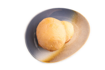 Smoked Mozzarella cheese, with tomatoes and olives isolated on white, top view, copy space.