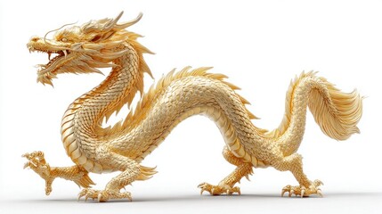 Fototapeta premium Intricate golden dragon sculpture with detailed scales and fierce expression on white background