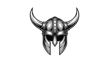 Fototapeta premium Grayscale illustration of a classic viking warrior helmet with large horns and detailed metal textures for battle.