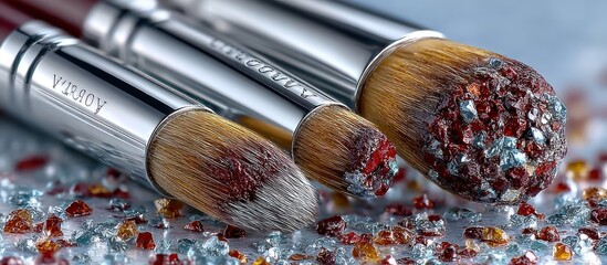 Makeup brushes, chrome metal, jewel-encrusted heads, sparkling surface