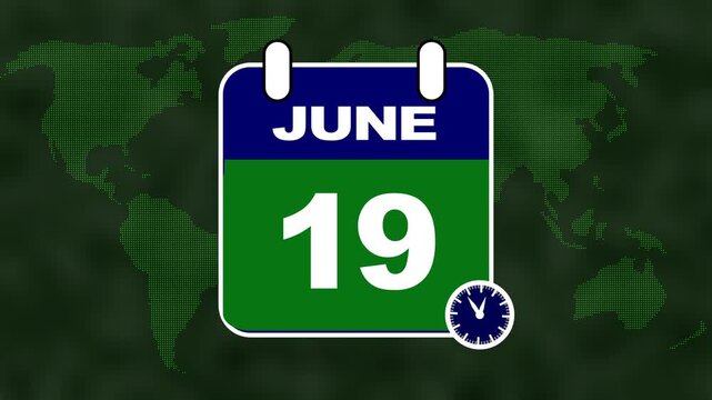 June 19th Calendar Page with World Map and Clock Overlay for Global Timekeeping date