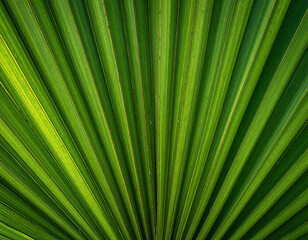 Obraz premium Close-up of a vibrant green palm leaf, radiating lines from a central point