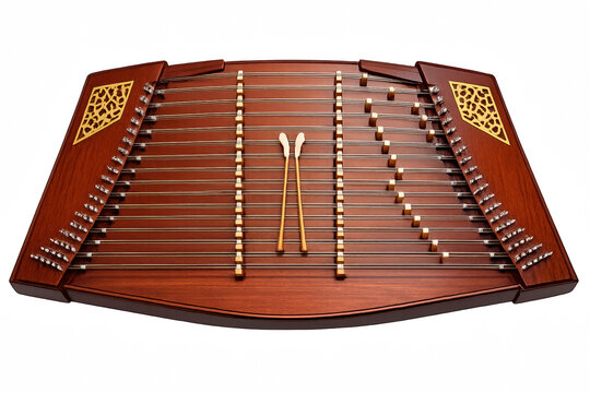 Traditional wooden hammered dulcimer on gradient background