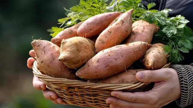 Holding a basket full of sweet potatoes with green leaves in a garden on a sunny day