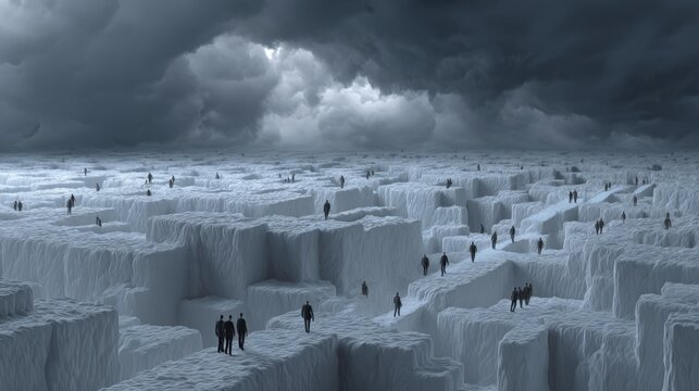 Mysterious Ice Maze with Silhouetted Figures Under Dark Clouds