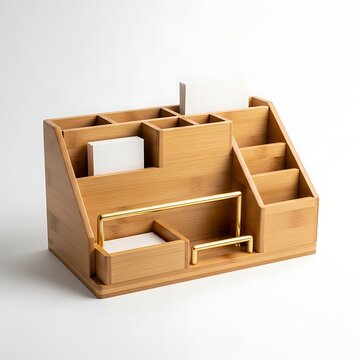 A wooden desk organizer with gold accents on a white background