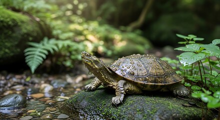 Asian leaf turtle resting near forest stream