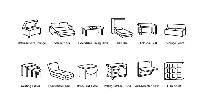 Furniture linear icon set. Featuring ottoman, sleeper sofa, dining table, wall bed, desk, storage bench, and more