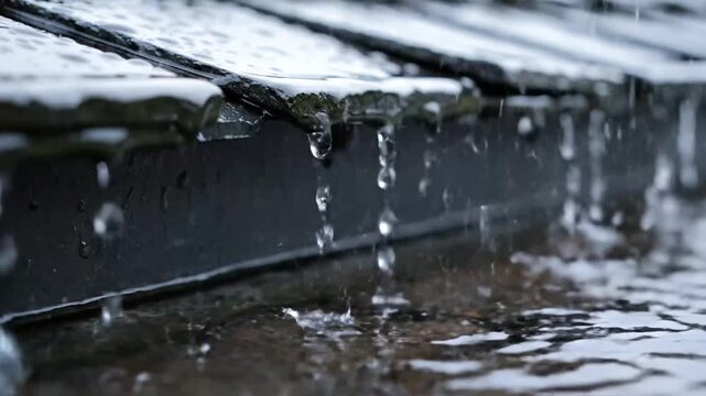 Rainwater drips from metal roof edge into puddle