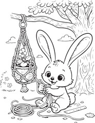 Black-and-white coloring page for children ages 3&ndash;5 featuring a cheerful bunny weaving a macrame plant hanger hanging from a tree. Large, simple details with a transparent background make it perfect f