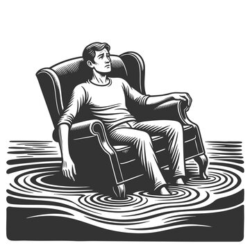 man sitting in a cozy armchair that sinking into quicksand, representing complacency and stagnation sketch engraving generative ai raster illustration. Scratch board imitation. Black and white image.