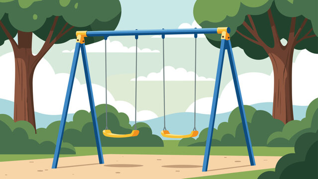 Empty yellow swings on a blue frame in a peaceful playground surrounded by green trees and bushes under a cloudy sky.