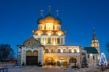 View of the ancient Cathedral of the Resurrection of Christ (1652-1678) on a winter night. Tutaev