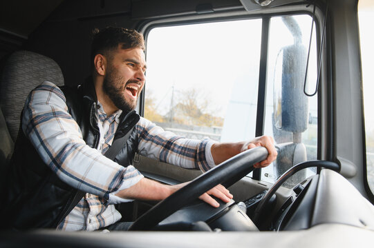 Truck driver experiencing road rage by shouting