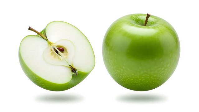 A close-up view of a fresh green apple with one half cut open to reveal its crisp interior
