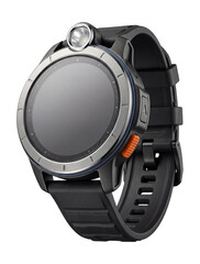 Rugged smartwatch with a circular display, integrated LED flashlight, and digital compass
