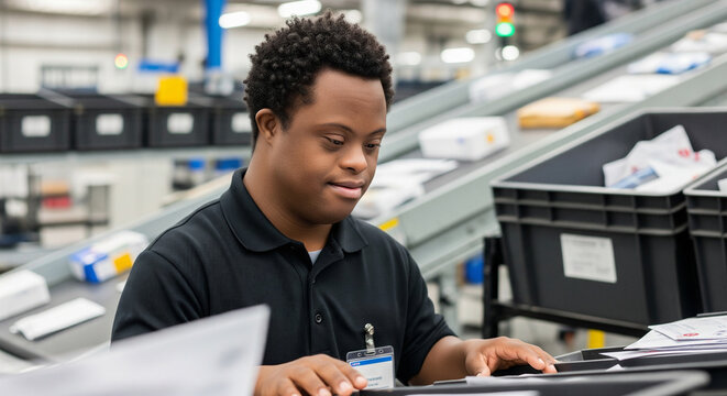 Logistics worker sorts mail and packages in local distribution center during working hours
