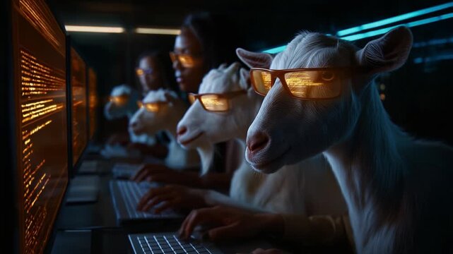A humorous scene featuring goats wearing glasses, sitting in front of computers while intently engaging with screens that display colorful data