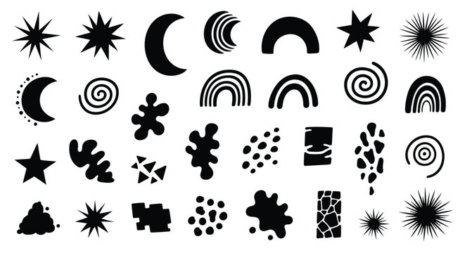 Black geometric shapes and symbols for design, including stars, moons, rainbows, and abstract patterns, for website or social media graphics