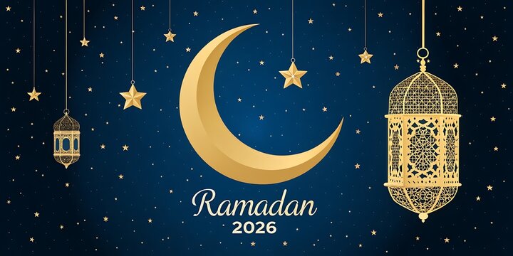 Celebrating ramadan 2020 with a crescent moon and lanterns under the starry night sky