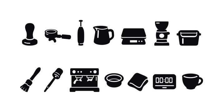 Coffee Equipment Silhouette Icon Set. Featuring tamper, portafilter, frother, pitcher, scale, grinder, canister, brush, honey dipper, espresso machine, basket, cloth, timer, cup