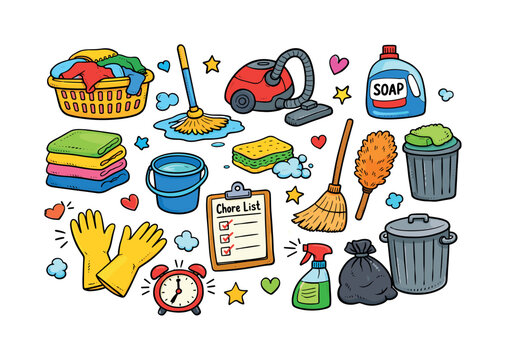 Colorful Cleaning Icon Set. Featuring vacuum, mop, gloves, detergent, sponge, dustbin, and chore list symbols