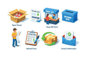 Returns Process Isometric Icon Set. Open parcel, return label, drop-off point, return box, refund, and email confirmation