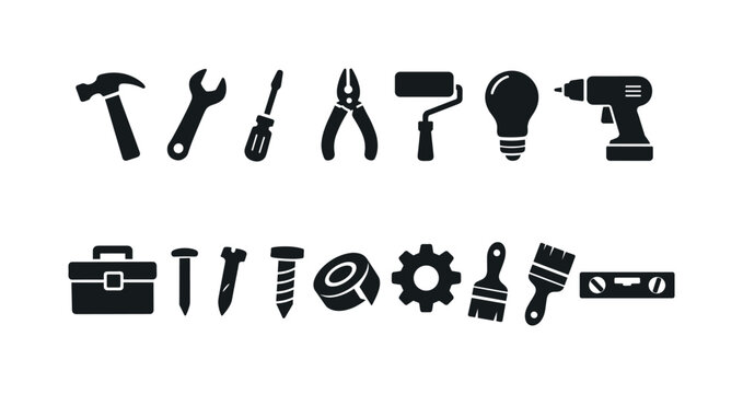 Construction equipment silhouette icon set. Featuring hammer, wrench, screwdriver, pliers, roller, bulb, drill
