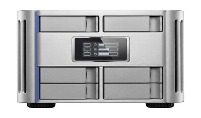 Desktop RAID array with a silver metal chassis and front-mounted LCD status display