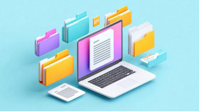 Organizing digital documents and files on a laptop with colorful folders floating around