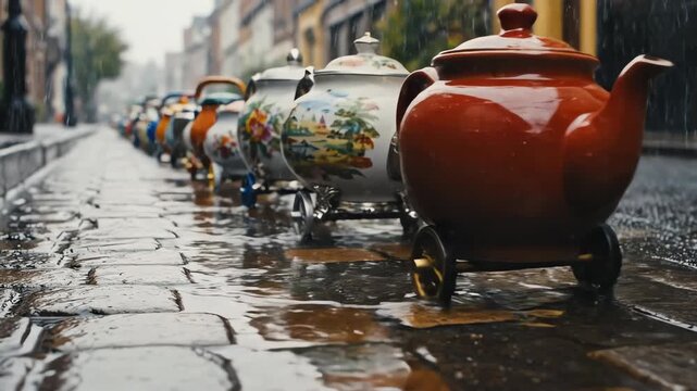 Ceramic teapots on wheels line cobblestone street during a rain shower in a european town, creating a whimsical and artistic scene.