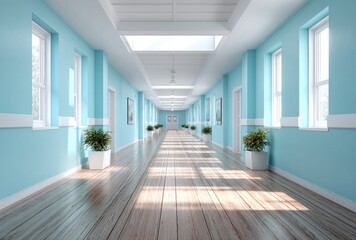 Obraz premium Bright and airy hospital corridor with blue walls and wooden floor bathed in sunlight