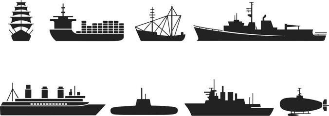 Silhouette collection of diverse maritime vessels including sailing ships, submarines, cruise liners, warships, and cargo ships for nautical design concepts © Saya Stock