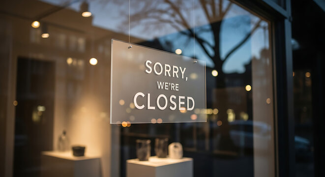 Wooden sign hanging on a glass door of a storefront or restaurant displaying a message sorry we are closed for business with a rustic vintage aesthetic in an urban retail setting.