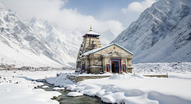 Kedarnath Temple in Snowfall &ndash; Sacred Himalayan Shiva Shrine Winter Devotion