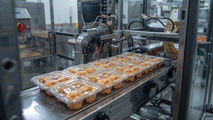 Production line of a food factory with packed food