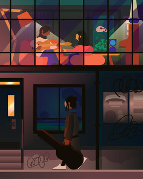 Band practise through window from dark street