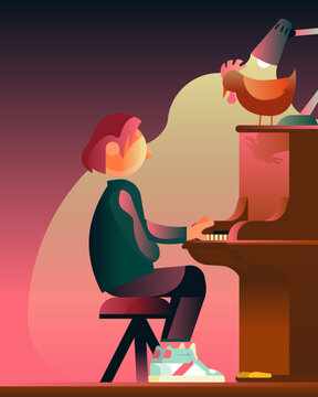 Boy playing piano with his friend, a chicken