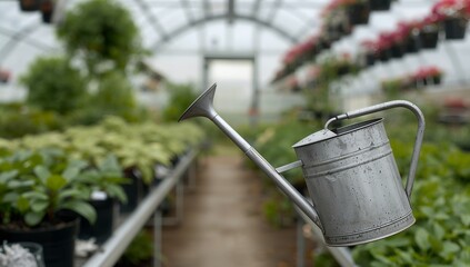 Obraz premium An eye-level shot captures a watering can in focus with greenhouses background