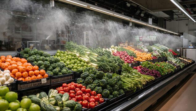 Fresh produce display with misting system in a grocery store 