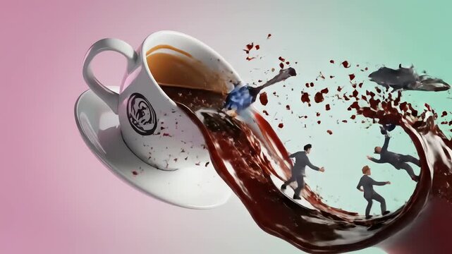 Miniature people escape from a spilled coffee cup on a gradient table, creating a surreal and dramatic scene with a sense of urgency and chaos.