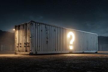 Obraz premium Large industrial shipping container at night, isolated, with a question mark icon